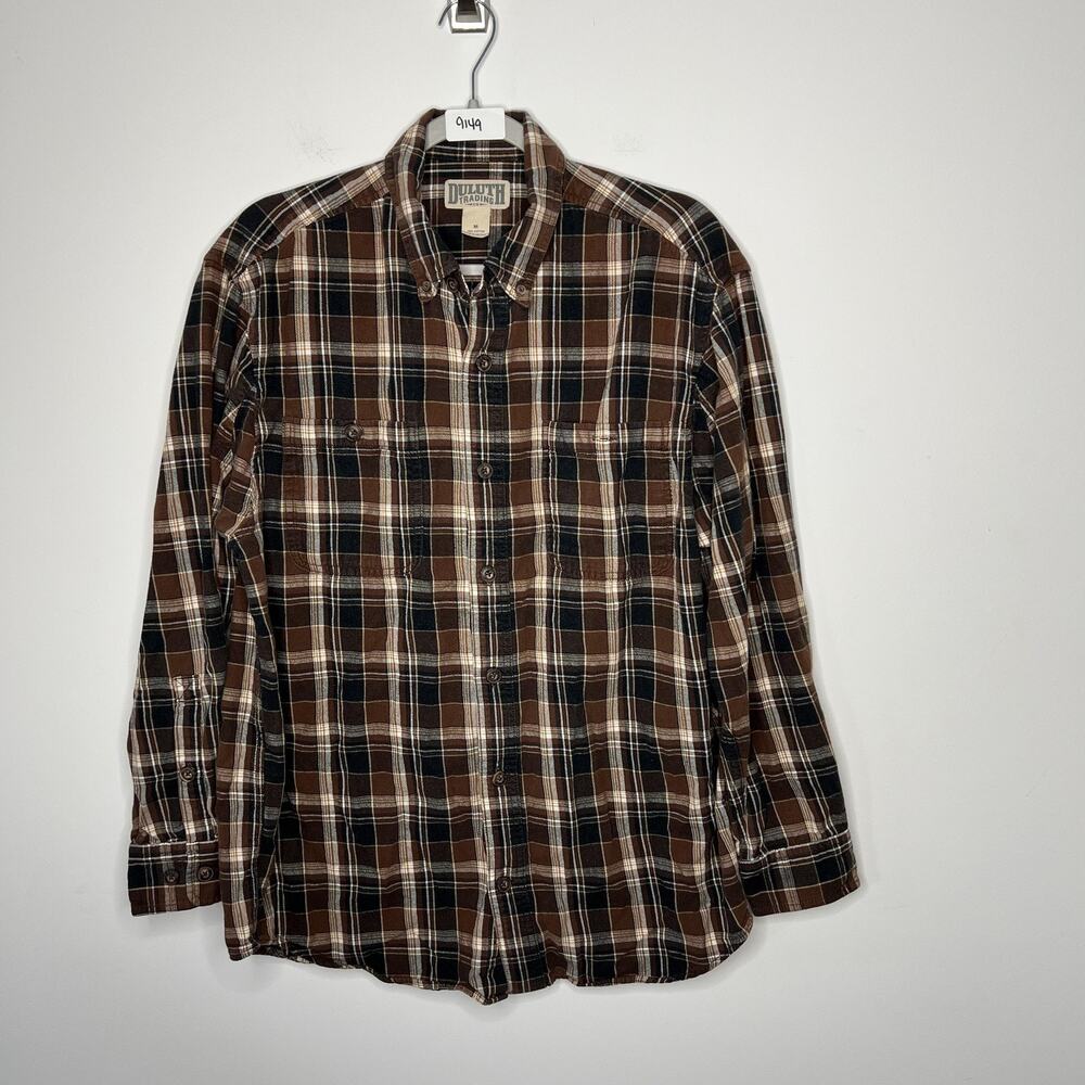 Duluth Trading Shirt Mens Medium Brown Black Plaid‎ Flannel Button Down Workwear